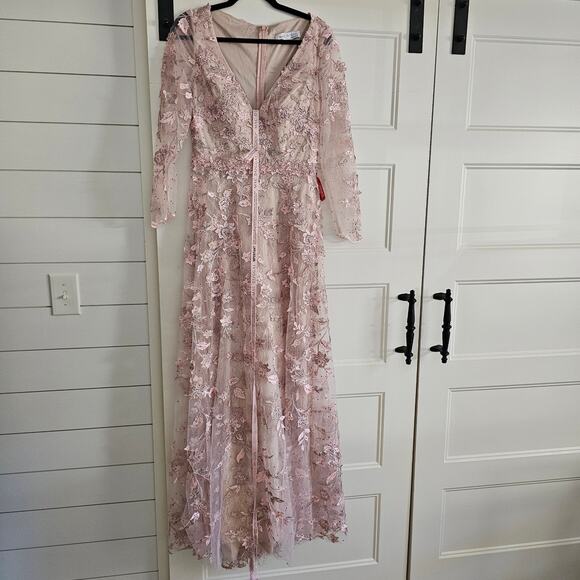 Mac Duggal 70224 Rose Pink Floral Applique Long Sleeve Gown Dress Mesh Size 6 - Picture 2 of 11